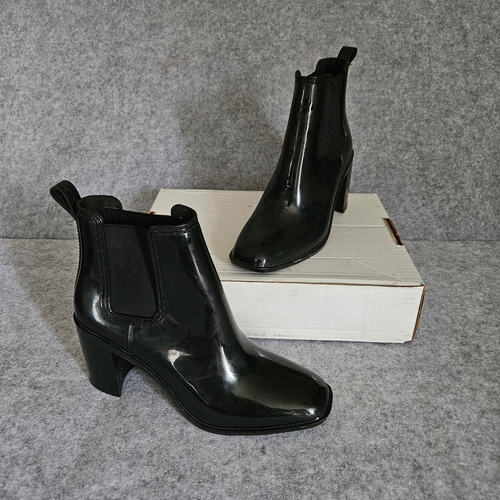 Jeffrey Campbell Black Glossy Square Toe Block Heel Rain Boots Chelsea Style 9